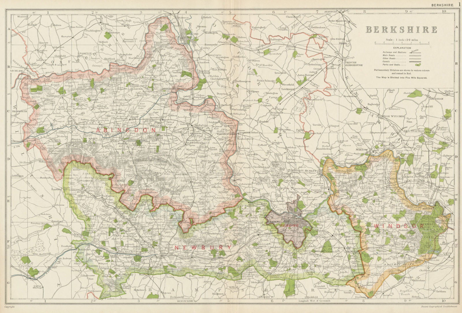 BERKSHIRE. Showing Parliamentary divisions, boroughs & parks. BACON 1934 map